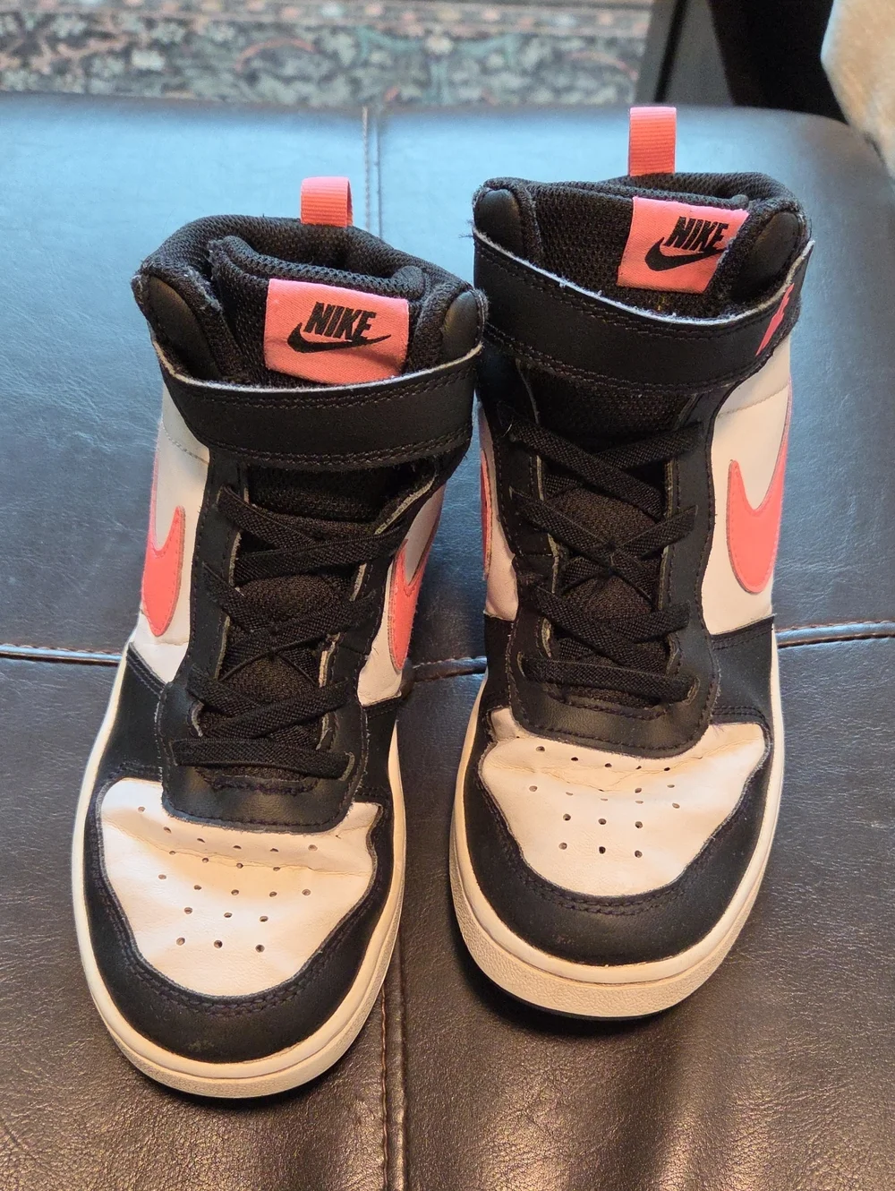 Nike Kids High-Top Sneakers in Black, White and Coral Pink